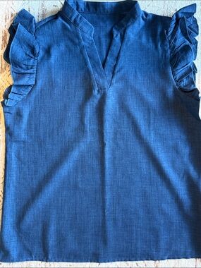 SHEIN Deep Blue V-Neck Ruffle Sleeve Top
